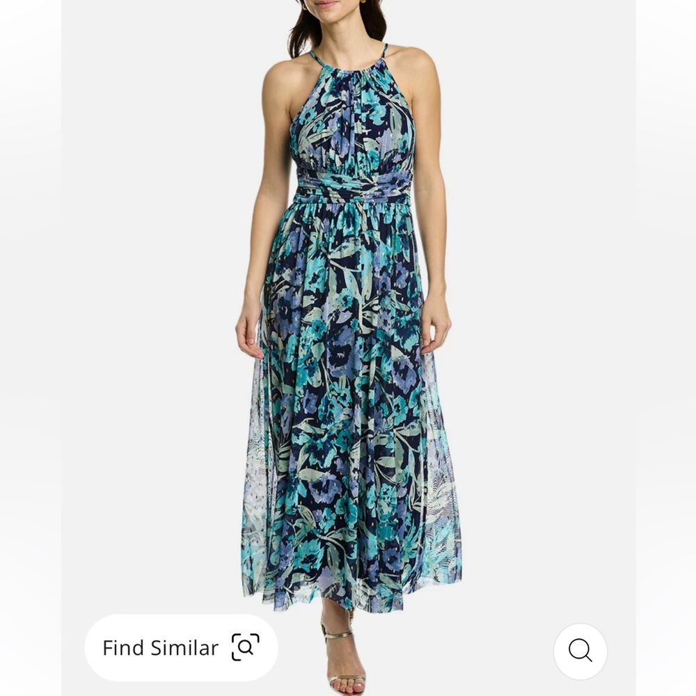 NWT London Times Blue Floral Mesh Maxi Dress | Size 4P & 10P